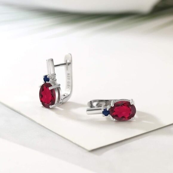 925 Sterling Silver 4.76 Cttw Ruby Red Mystic Quartz and Blue Sapphire Earrings - Picture 2 of 4